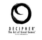 1999 lockup — brushstroke circular mark + DECIPHER + tagline The Art of Great Games (© line reads 1999). Source: LOTR-TCG wiki (caption there: "It's an older logo, sir, but it checks out.")