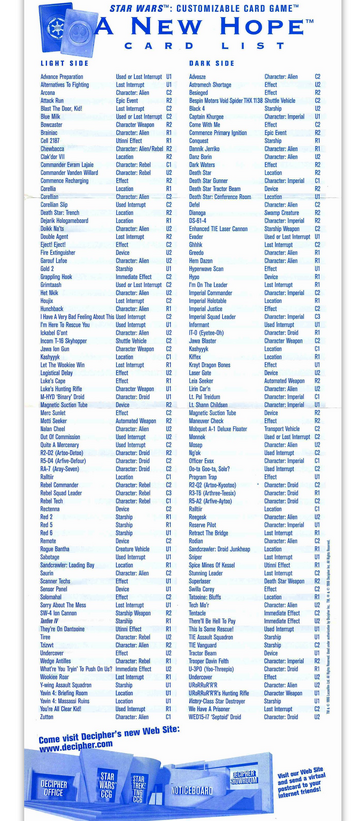 A New Hope Limited rules supplement card list