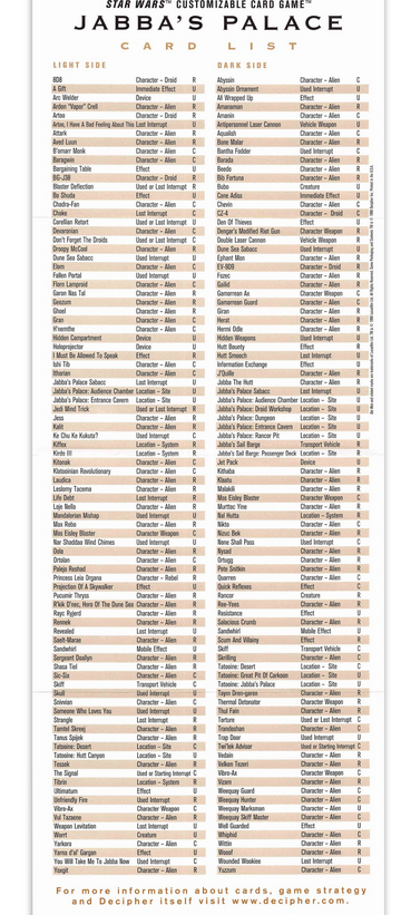 Jabba's Palace Limited rules supplement card list