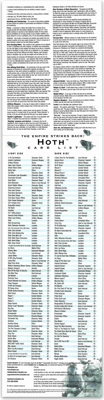 Hoth Limited rules supplement card list