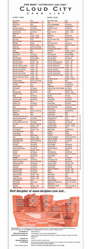 Cloud City Limited rules supplement card list