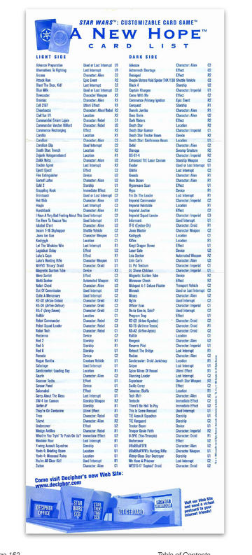 A New Hope Limited rules supplement card list
